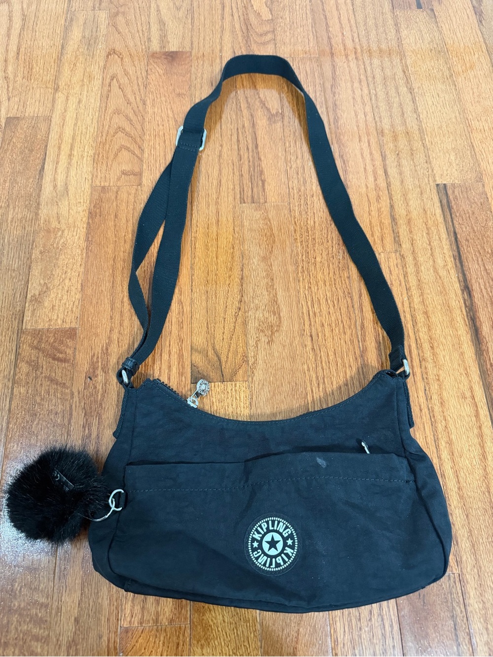 Kipling Black Nylon Crossbody Bag with Pom Pom Charm